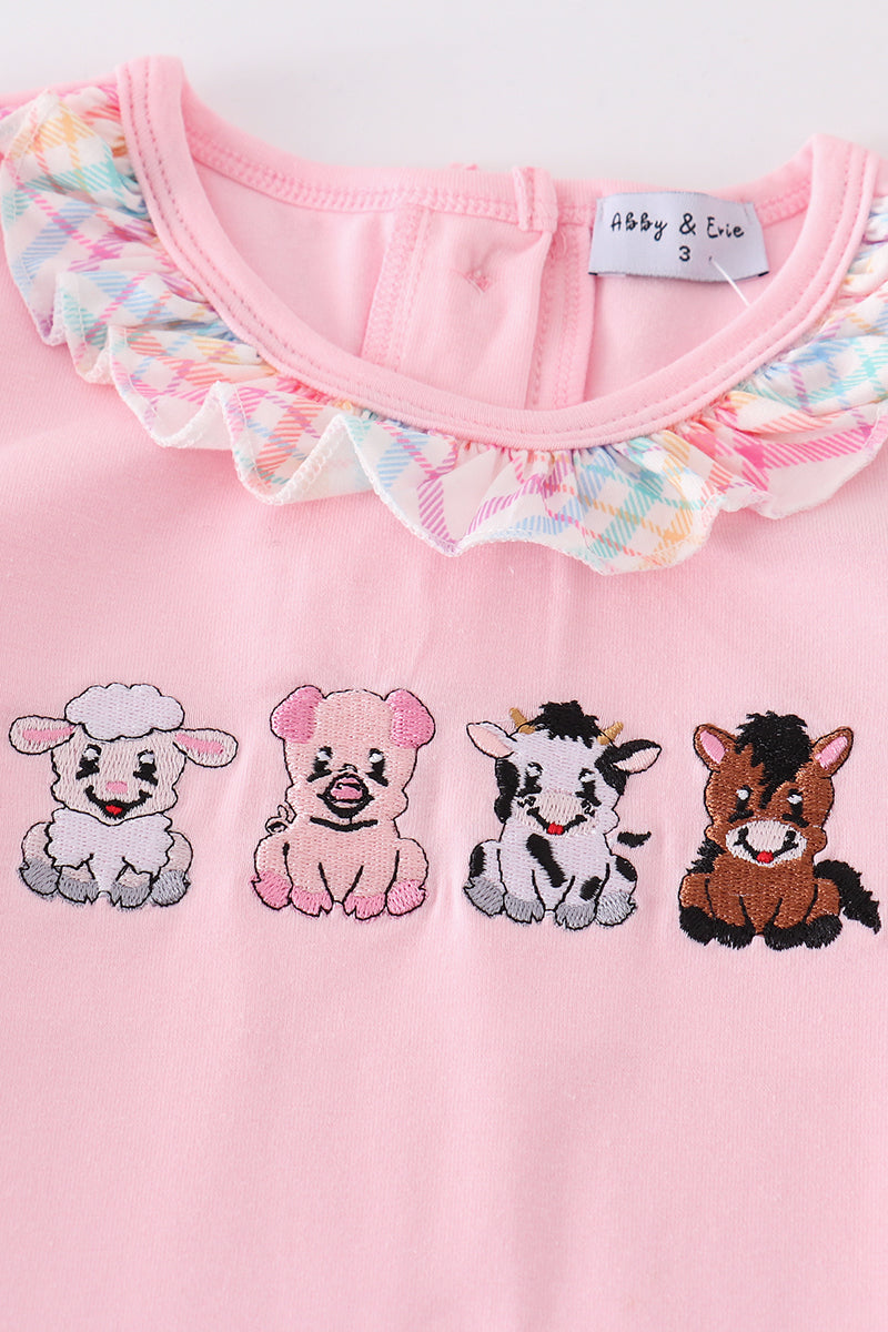 Pink Farm Animals Embroidery Girl Set