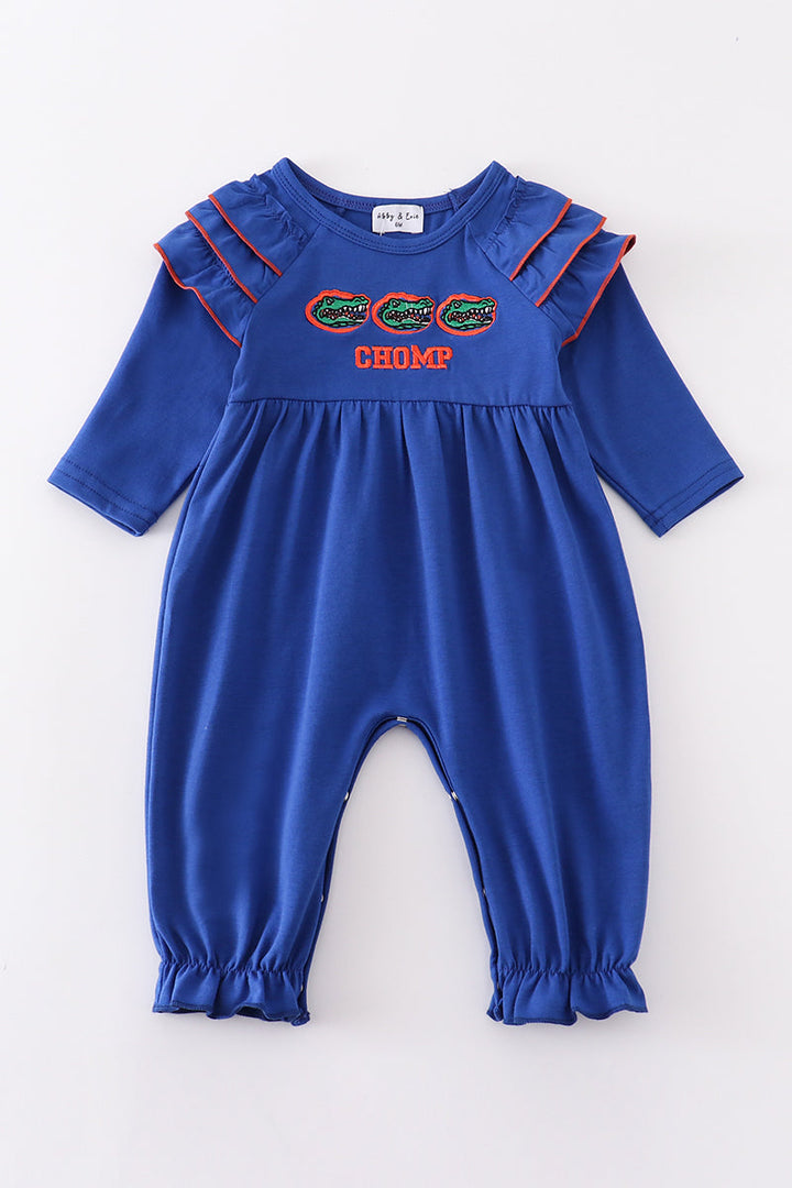 Blue Chomp Embroidery Girl Romper