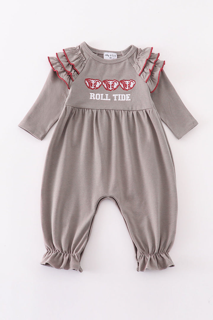 Grey Roll Tide Embroidery Girl Ruffle Romper