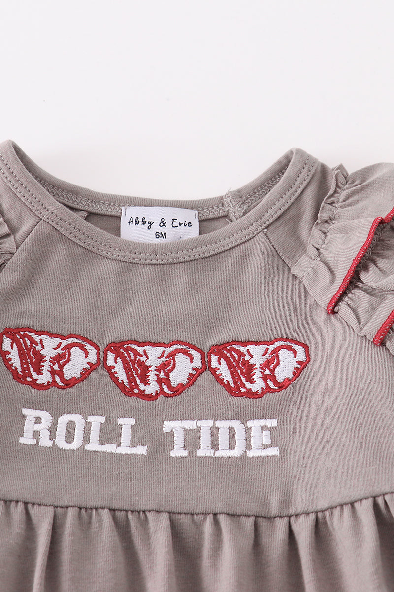 Grey Roll Tide Embroidery Girl Ruffle Romper