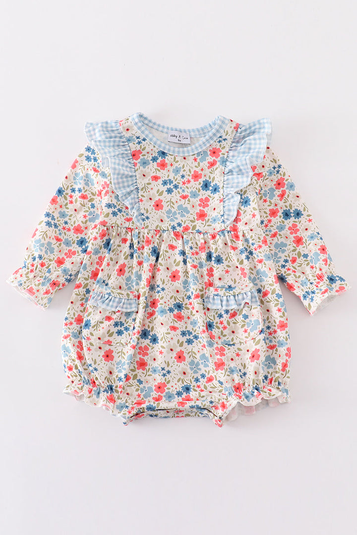 Pink&blue Floral Print Ruffle Bubble