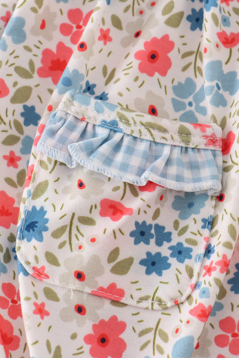 Pink&blue Floral Print Ruffle Bubble