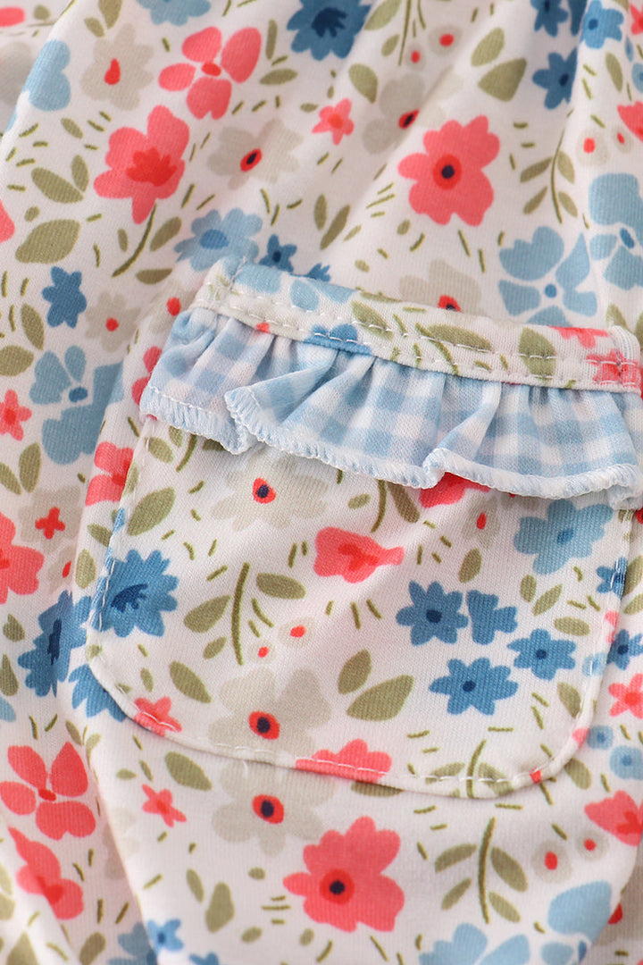 Pink&blue Floral Print Ruffle Bubble