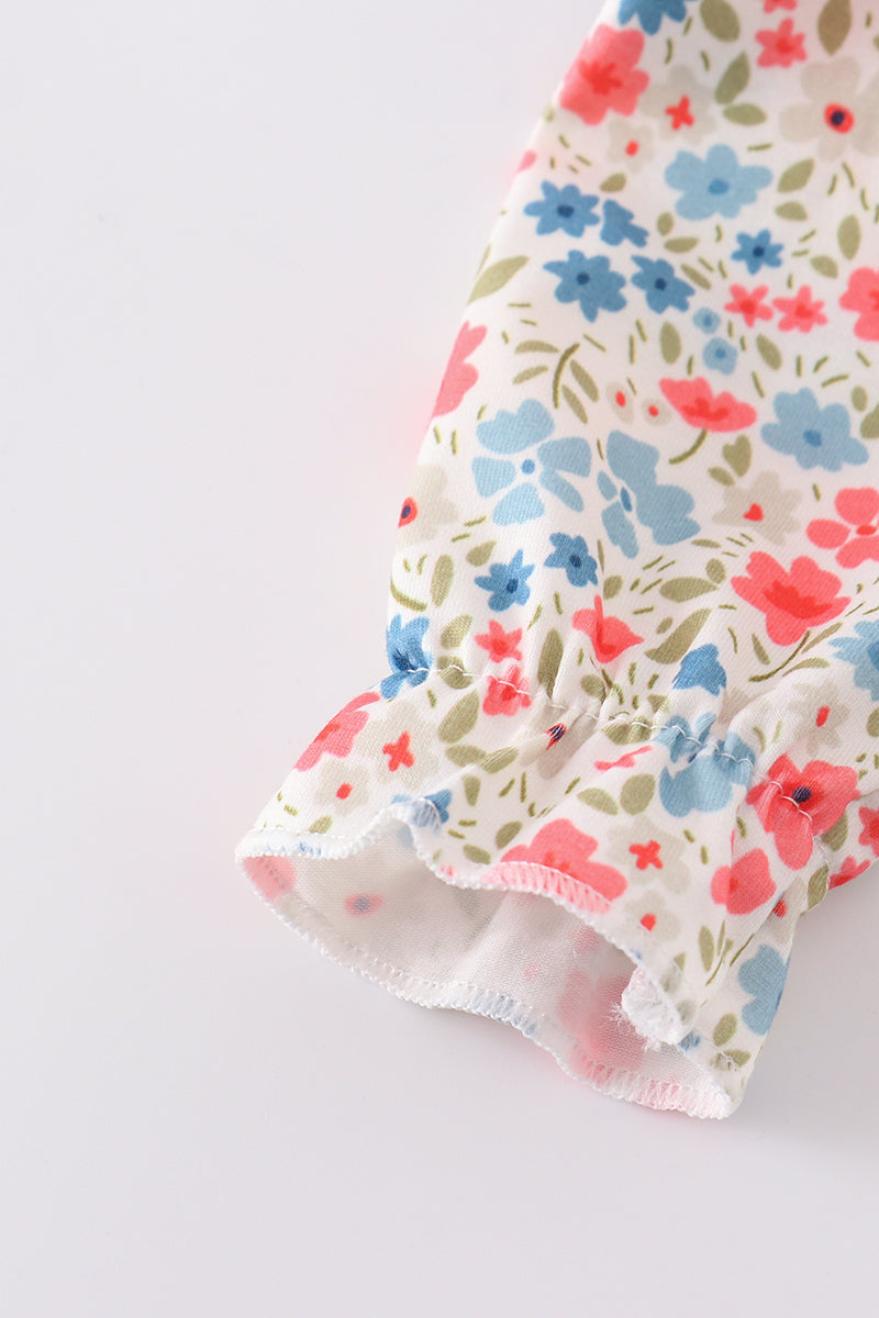 Pink&blue Floral Print Ruffle Bubble