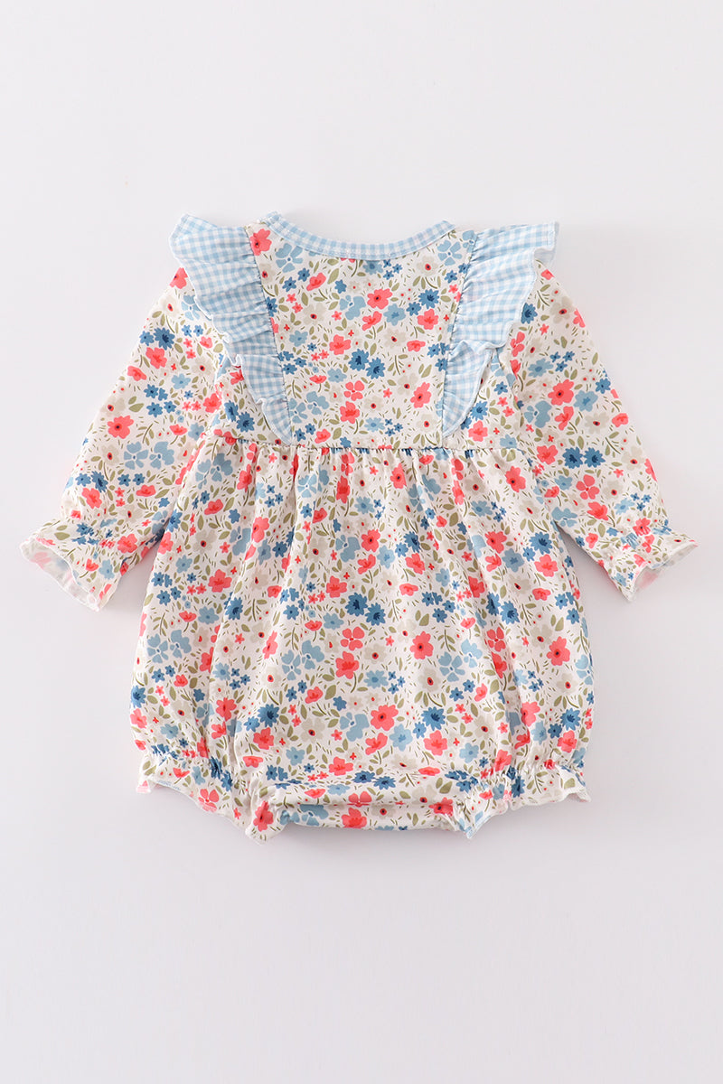 Pink&blue Floral Print Ruffle Bubble