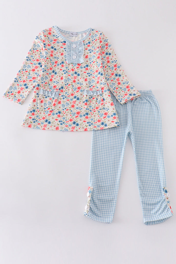 Pink&blue Floral Print Girl Set