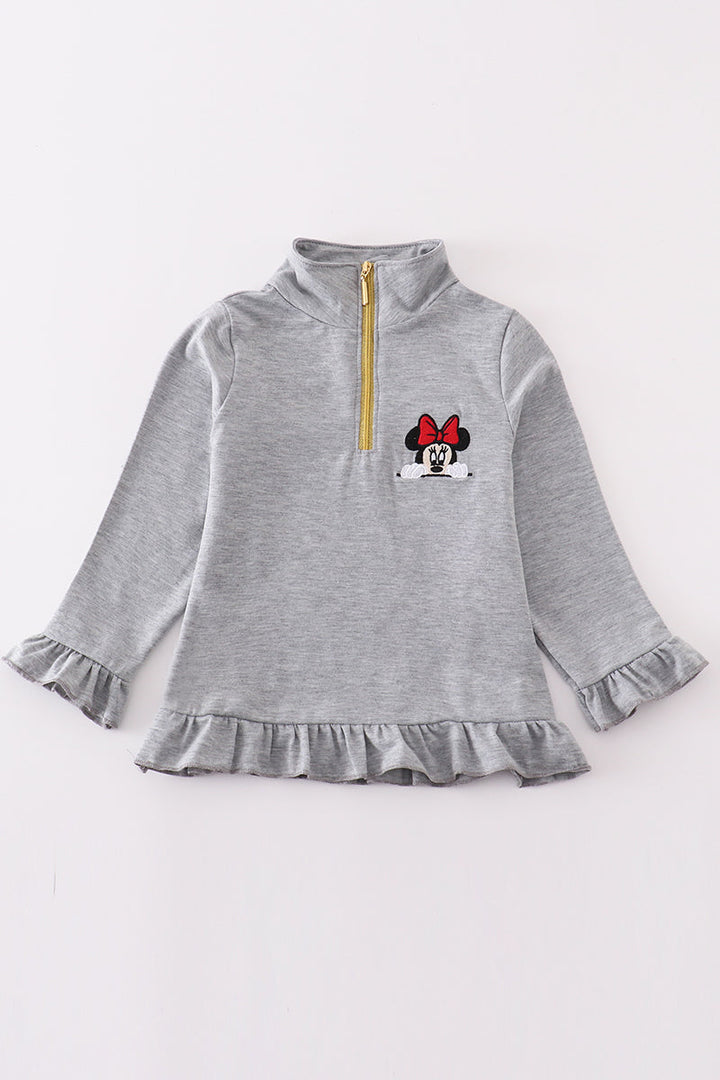 Grey Character Embroidery Girl Zipper Pullover