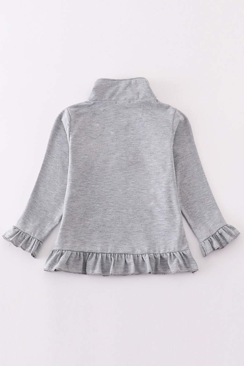 Grey Character Embroidery Girl Zipper Pullover