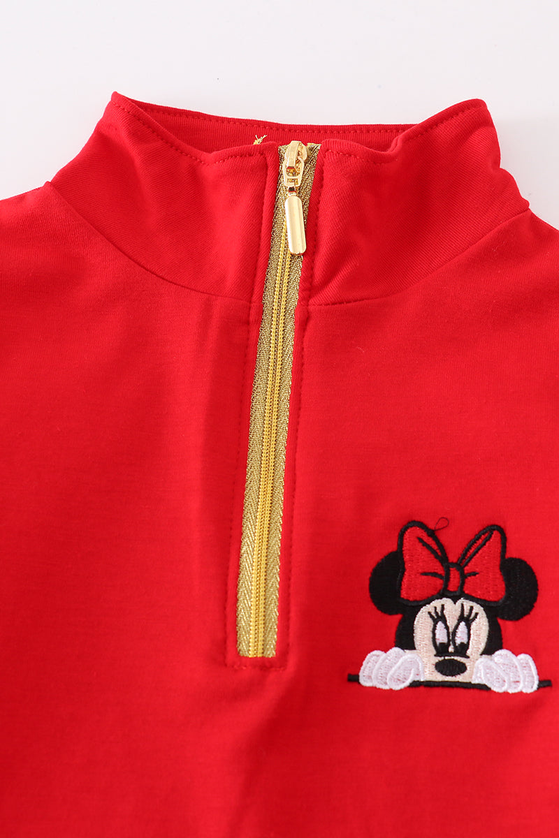 Red Character Embroidery Girl Zipper Pullover