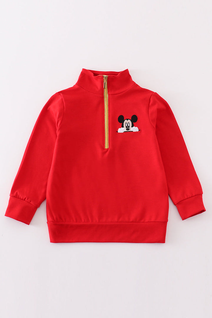 Red Character Embroidery Boy Zipper Pullover