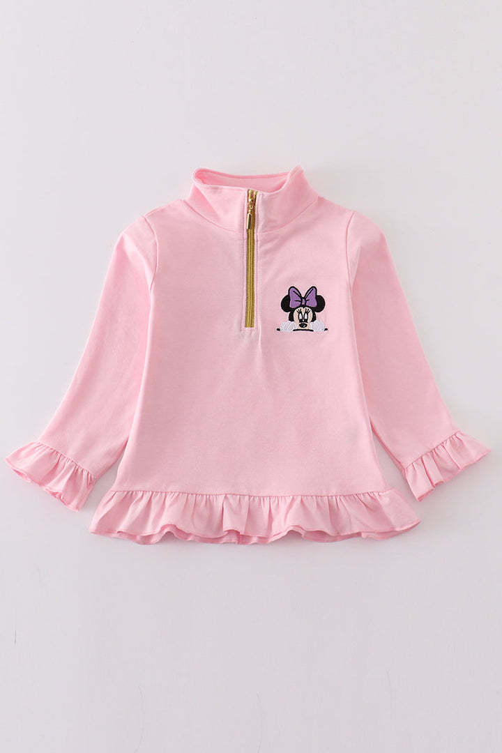 Pink Character Embroidery Girl Zipper Pullover