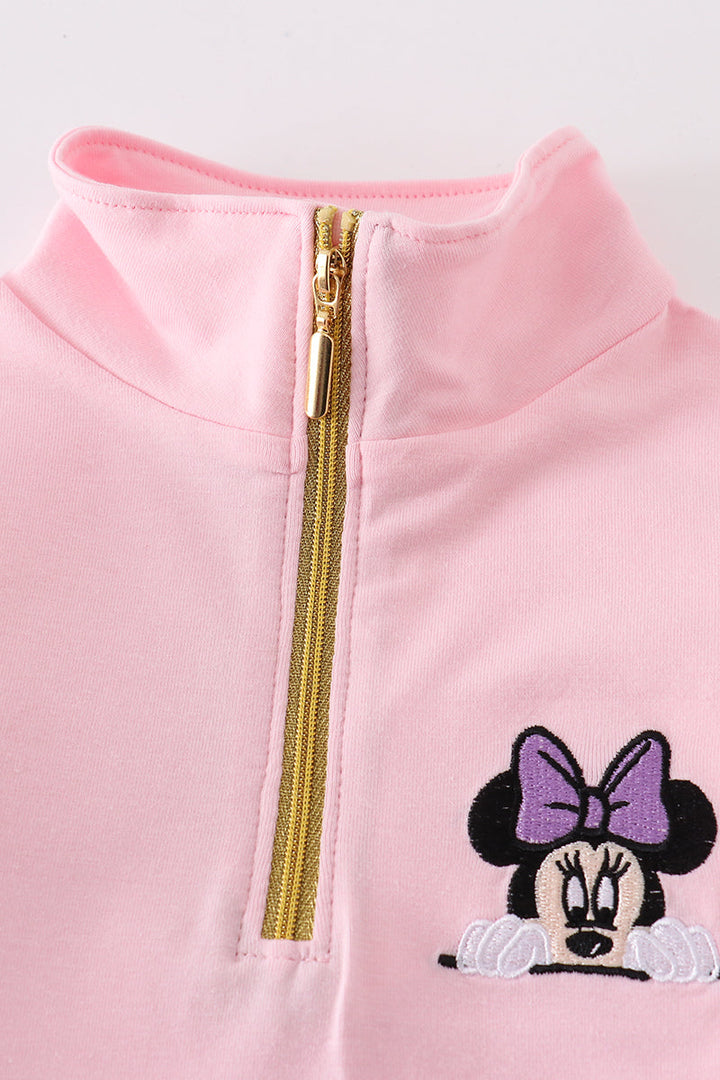 Pink Character Embroidery Girl Zipper Pullover