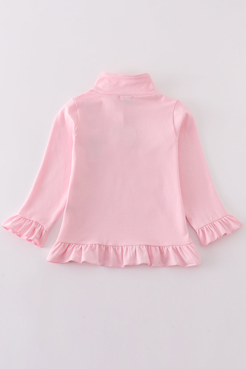 Pink Character Embroidery Girl Zipper Pullover