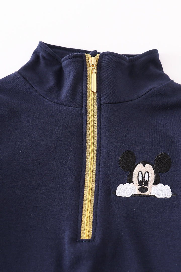 Navy Character Embroidery Boy Zipper Pullover