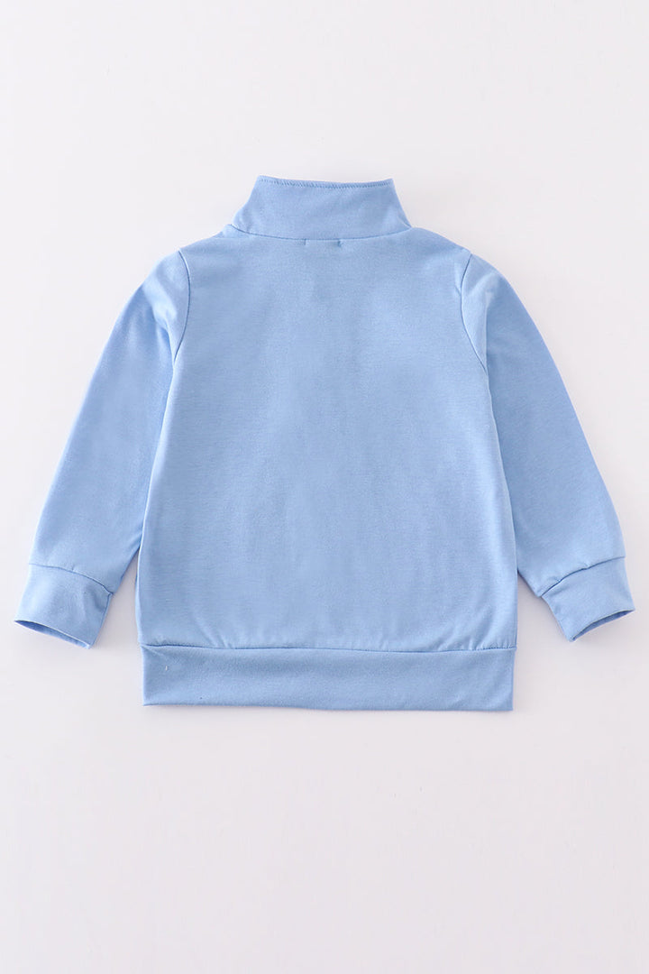 Blue Character Embroidery Boy Zipper Pullover