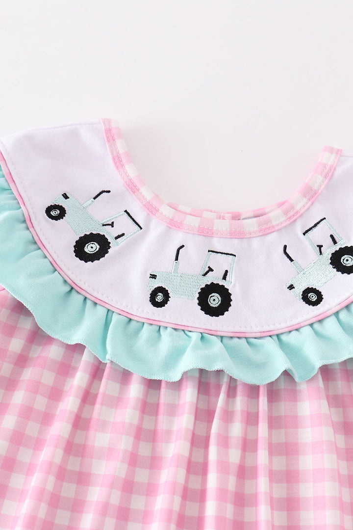 Pink Tractor Embroidery Gingham Dress