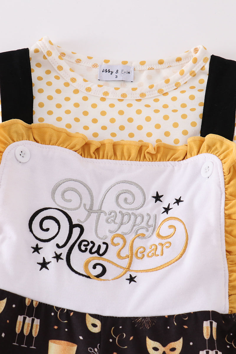 Mustard Happy New Year Embroidery Girl Jumpsuit Set