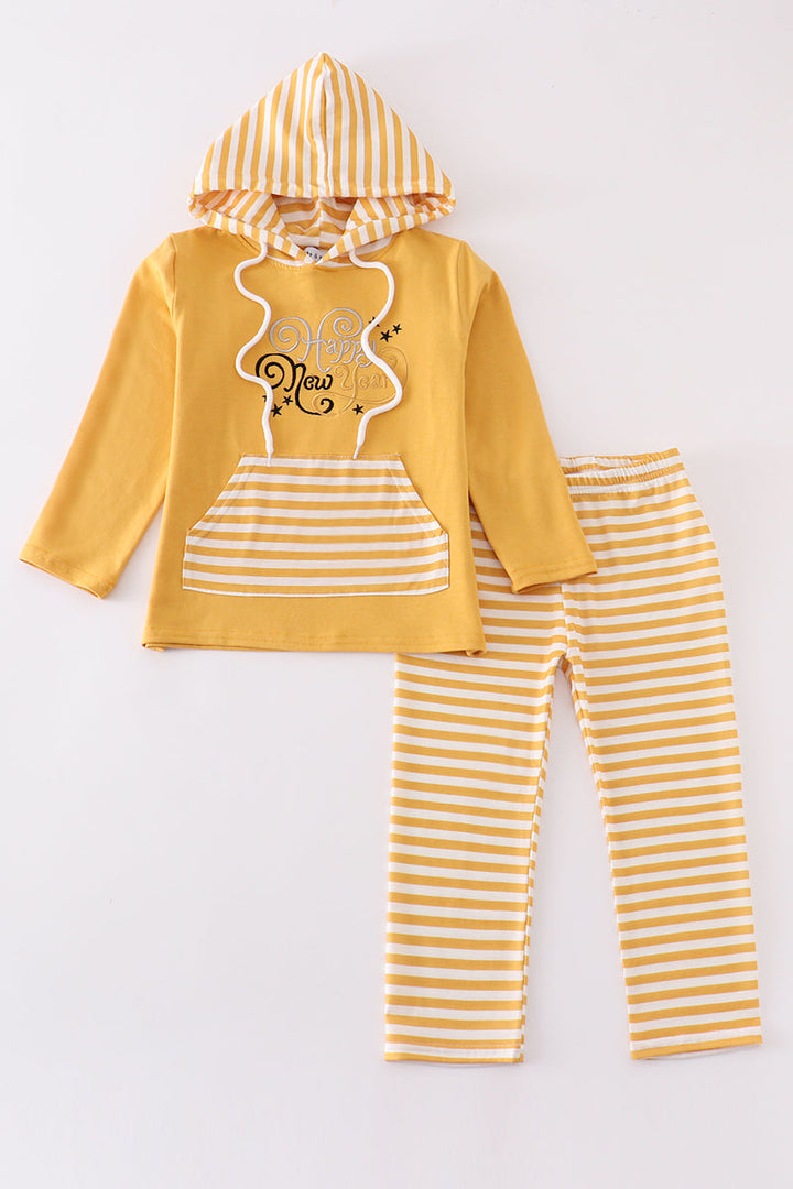 Mustard Happy New Year Embroidery Boy Hoodie Set