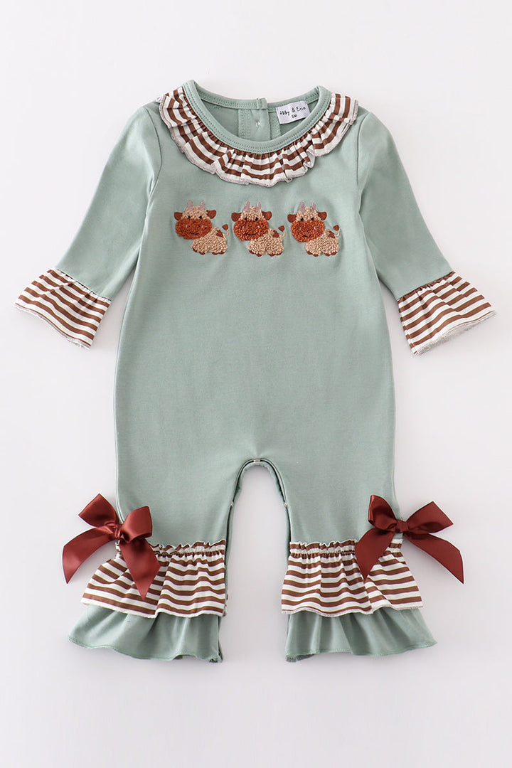 Green Farm Cow French Knot Girl Romper