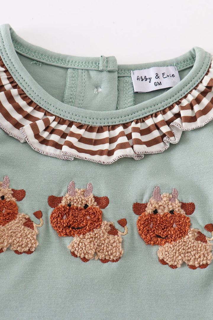 Green Farm Cow French Knot Girl Romper