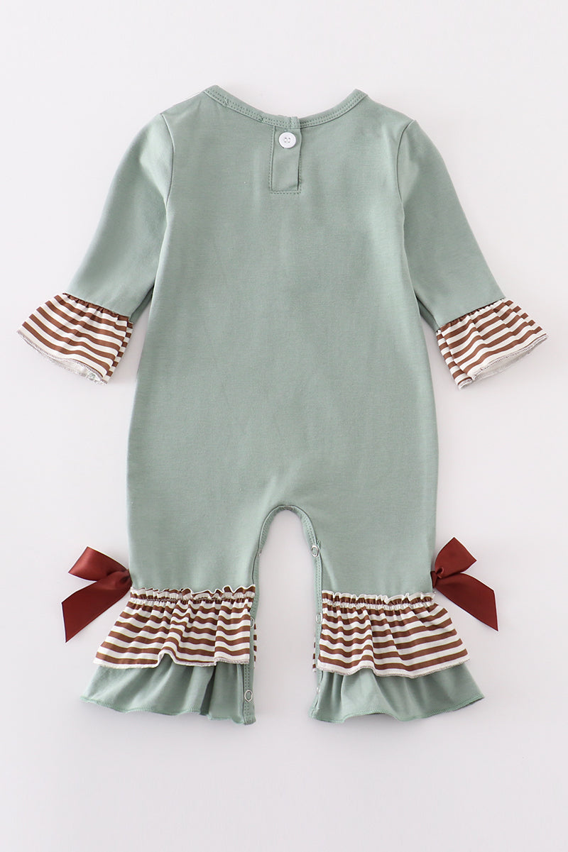 Green Farm Cow French Knot Girl Romper