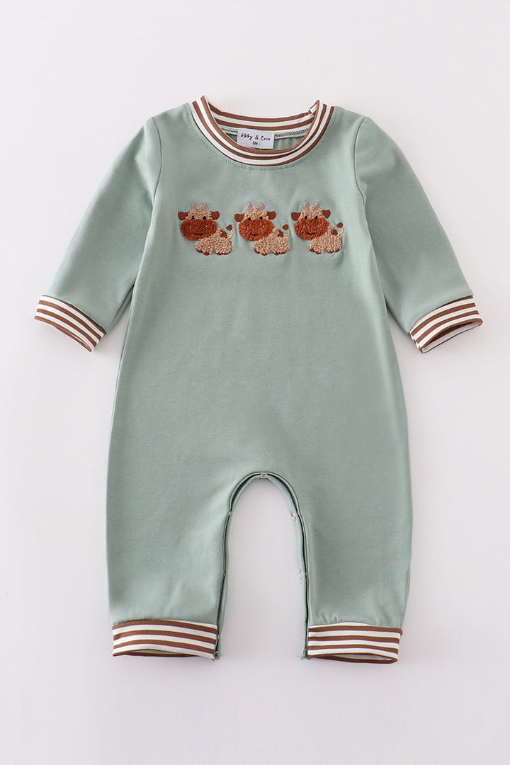 Green Farm Cow French Knot Boy Romper