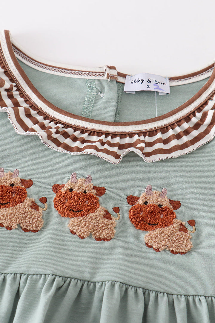 Green Farm Cow French Knot Girl Set