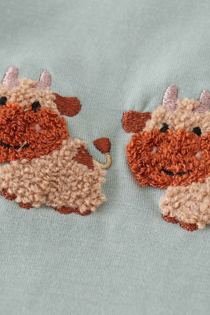 Green Farm Cow French Knot Boy Set