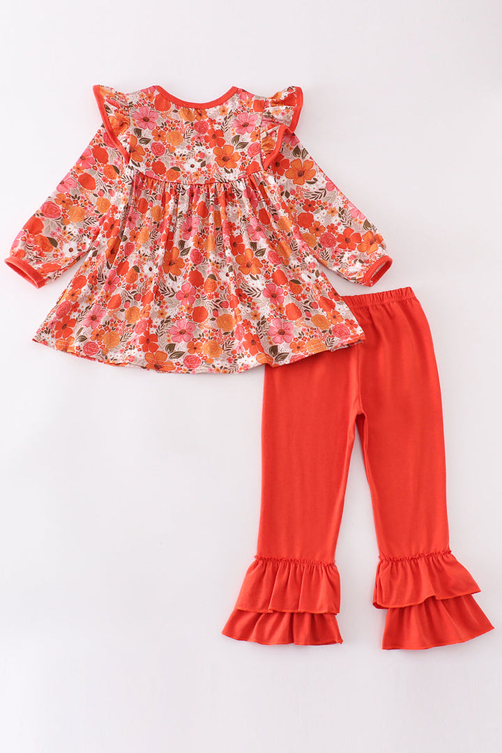 Fall Floral Print Ruffle Girl Set