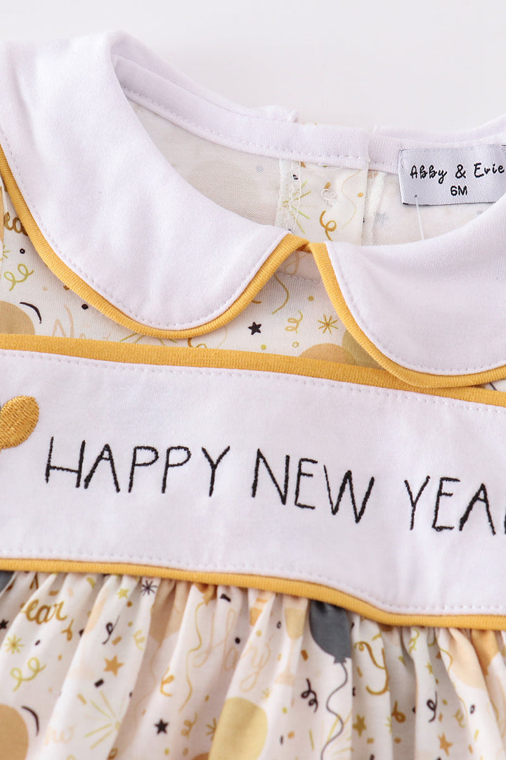 Mustard Happy New Year Embroidery Girl Bubble