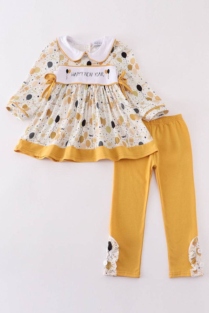 Mustard Happy New Year Embroidery Girl Set