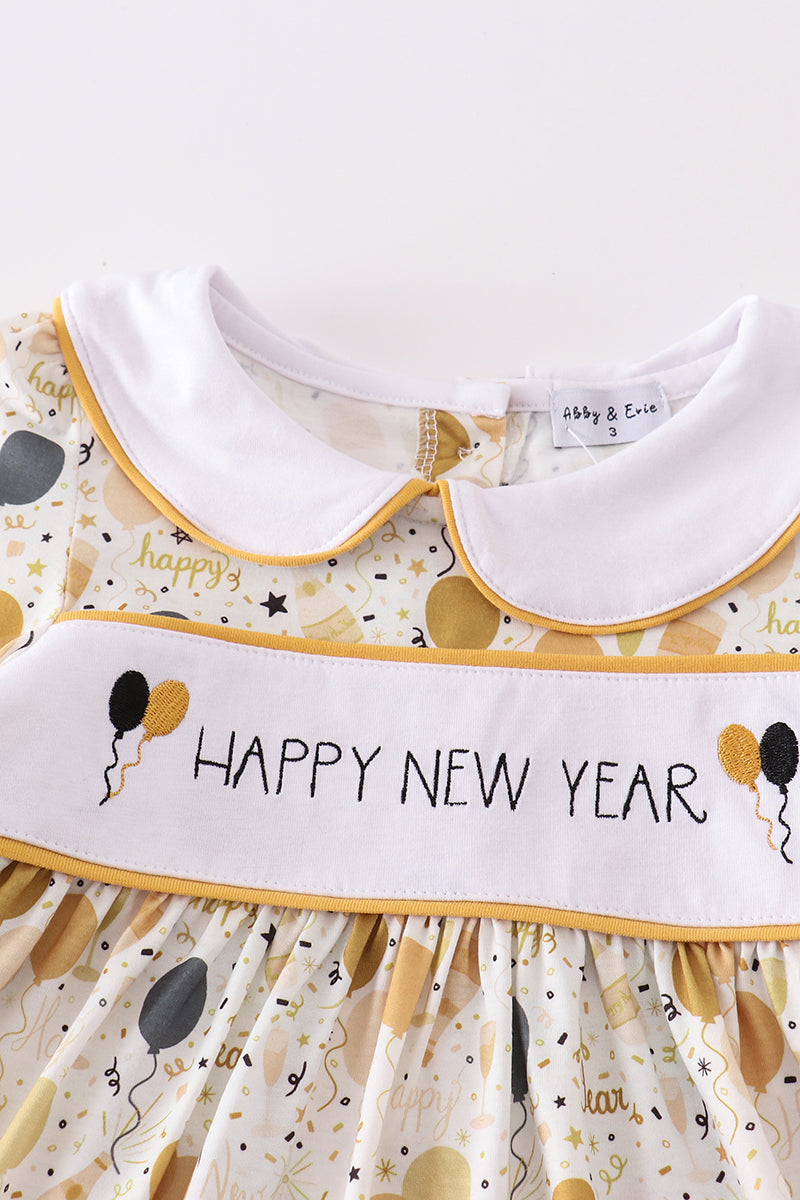 Mustard Happy New Year Embroidery Girl Dress