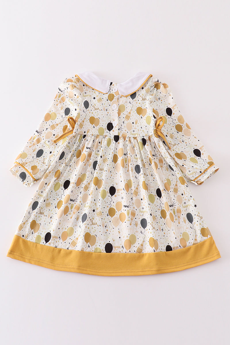 Mustard Happy New Year Embroidery Girl Dress