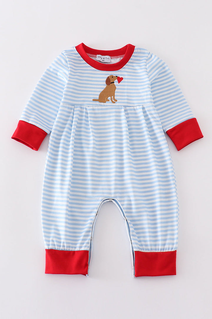 Blue Stripe Valentine Puppy Heart Embroidery Boy Romper