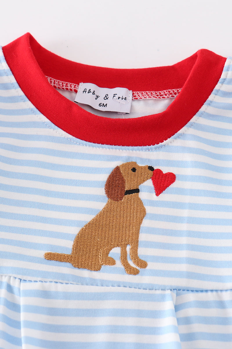 Blue Stripe Valentine Puppy Heart Embroidery Boy Romper