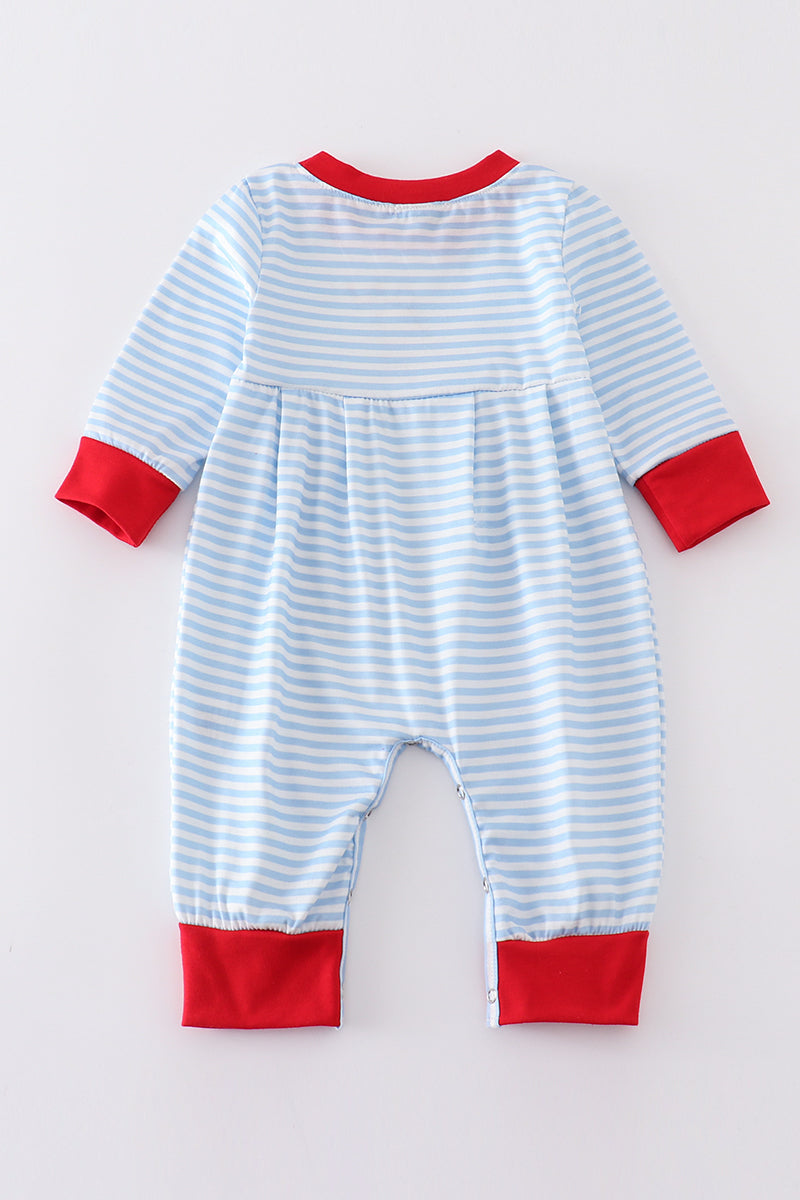 Blue Stripe Valentine Puppy Heart Embroidery Boy Romper