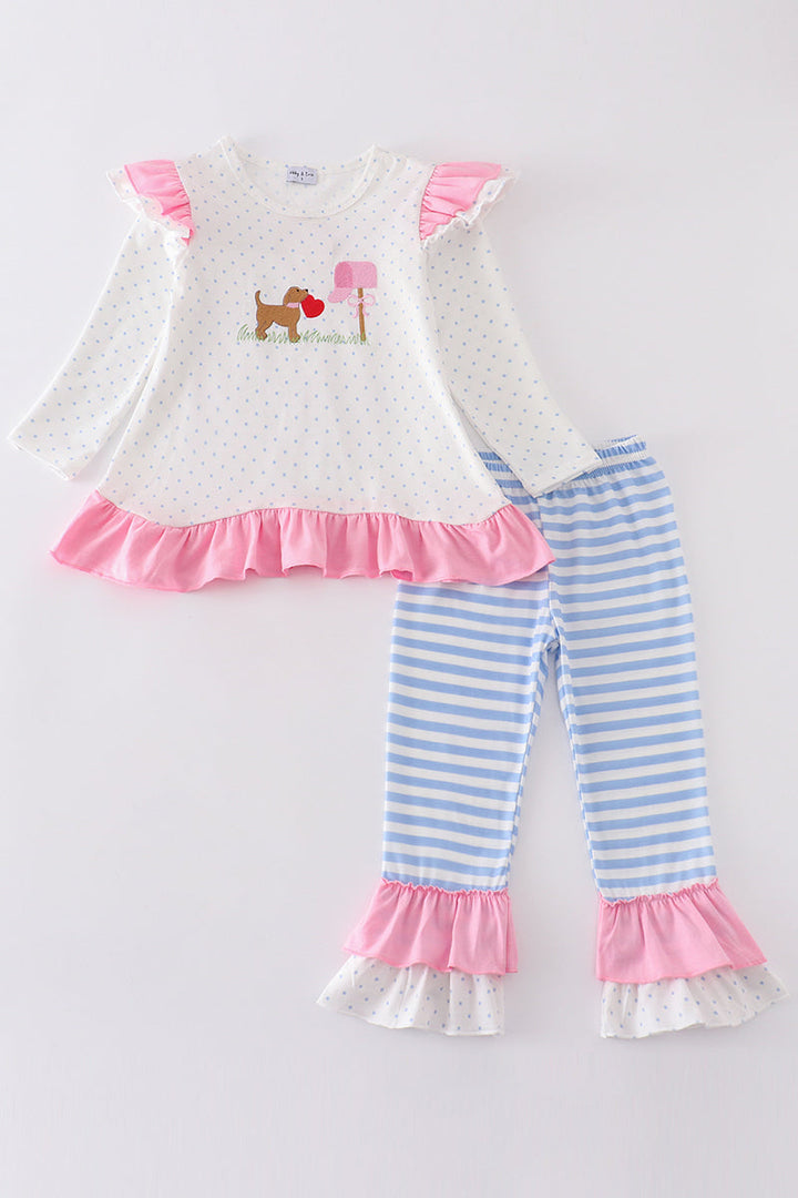 Pink Valentine Puppy Embroidery Girl Set