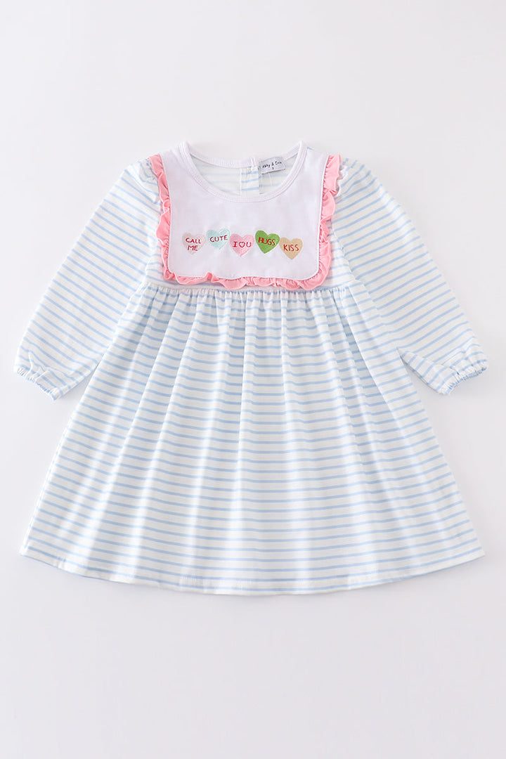 Blue Stripe Valentine Heart Embroidery Dress