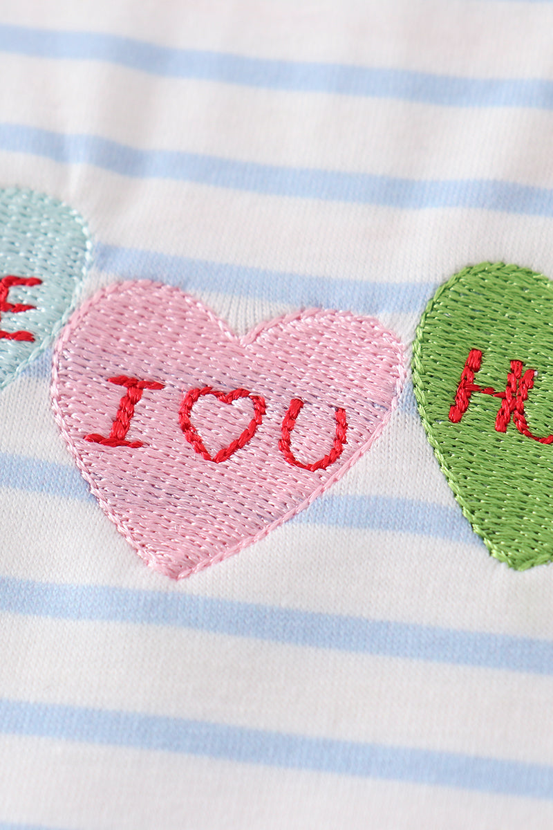 Blue Stripe Valentine Heart Embroidery Boy Set