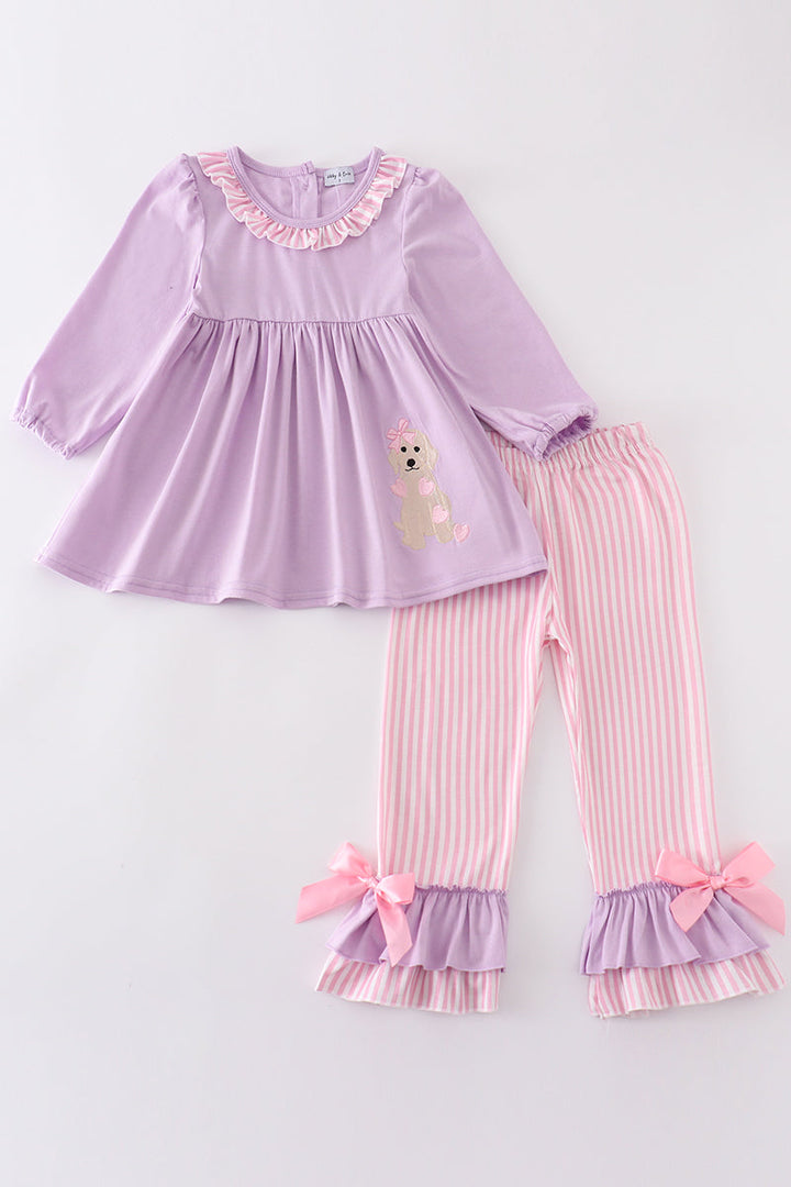 Purple Valentine Puppy Embroidery Girl Set