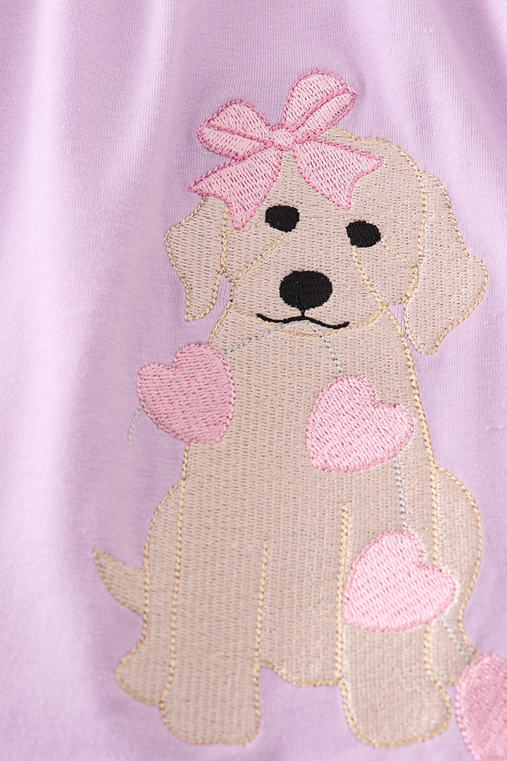 Purple Valentine Puppy Embroidery Dress