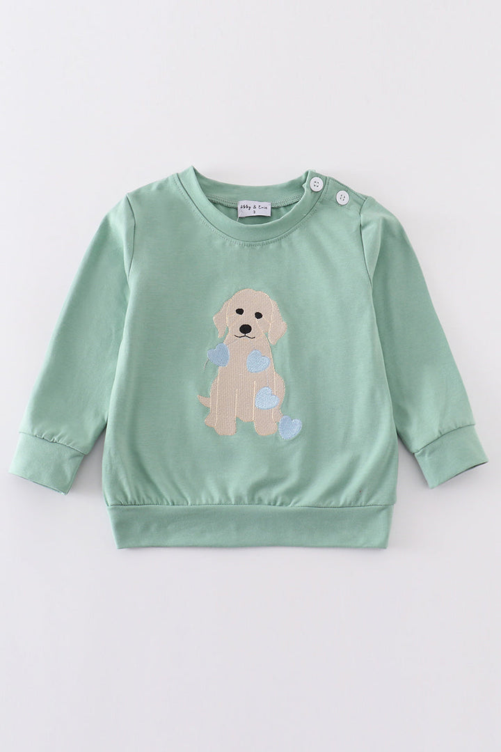 Green Valentine Puppy Embroidery Boy Top