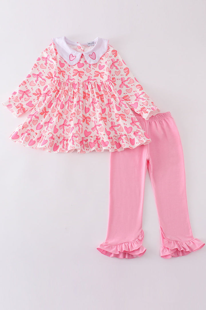 Pink Valentine Heart Bow Embroidery Girl Set