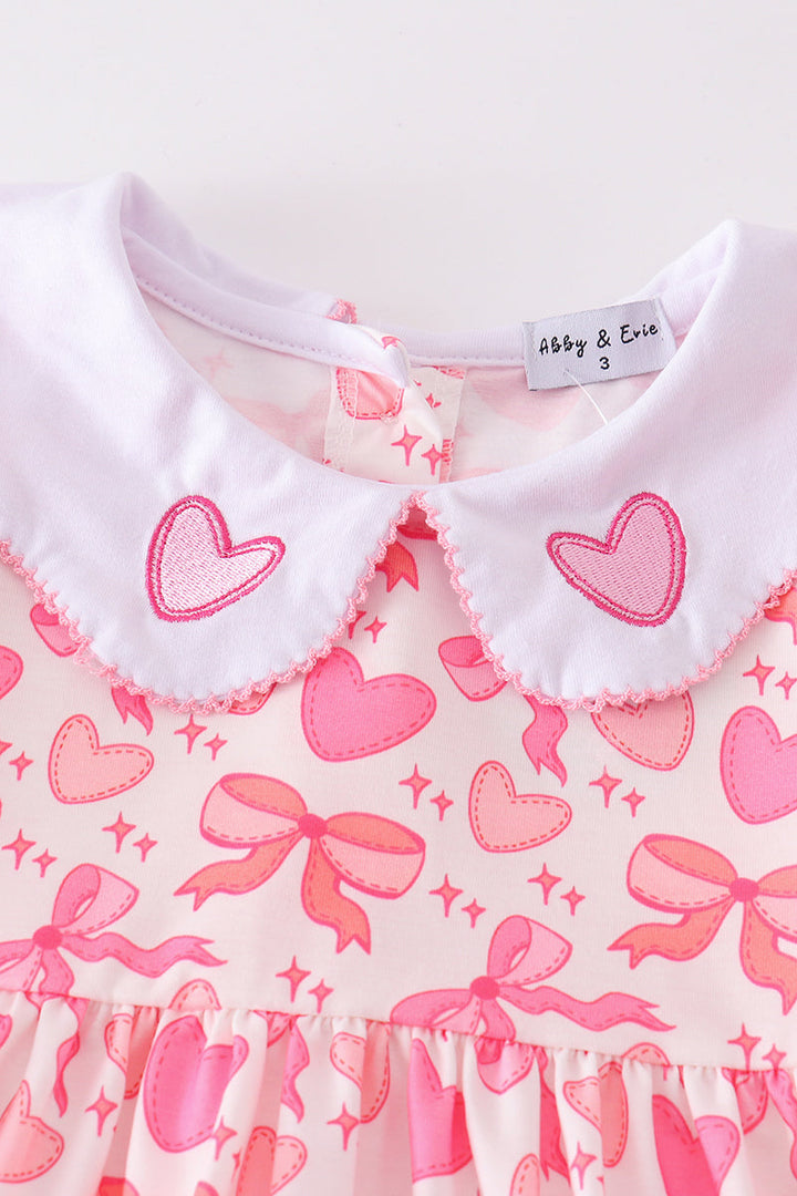 Pink Valentine Heart Bow Embroidery Girl Set