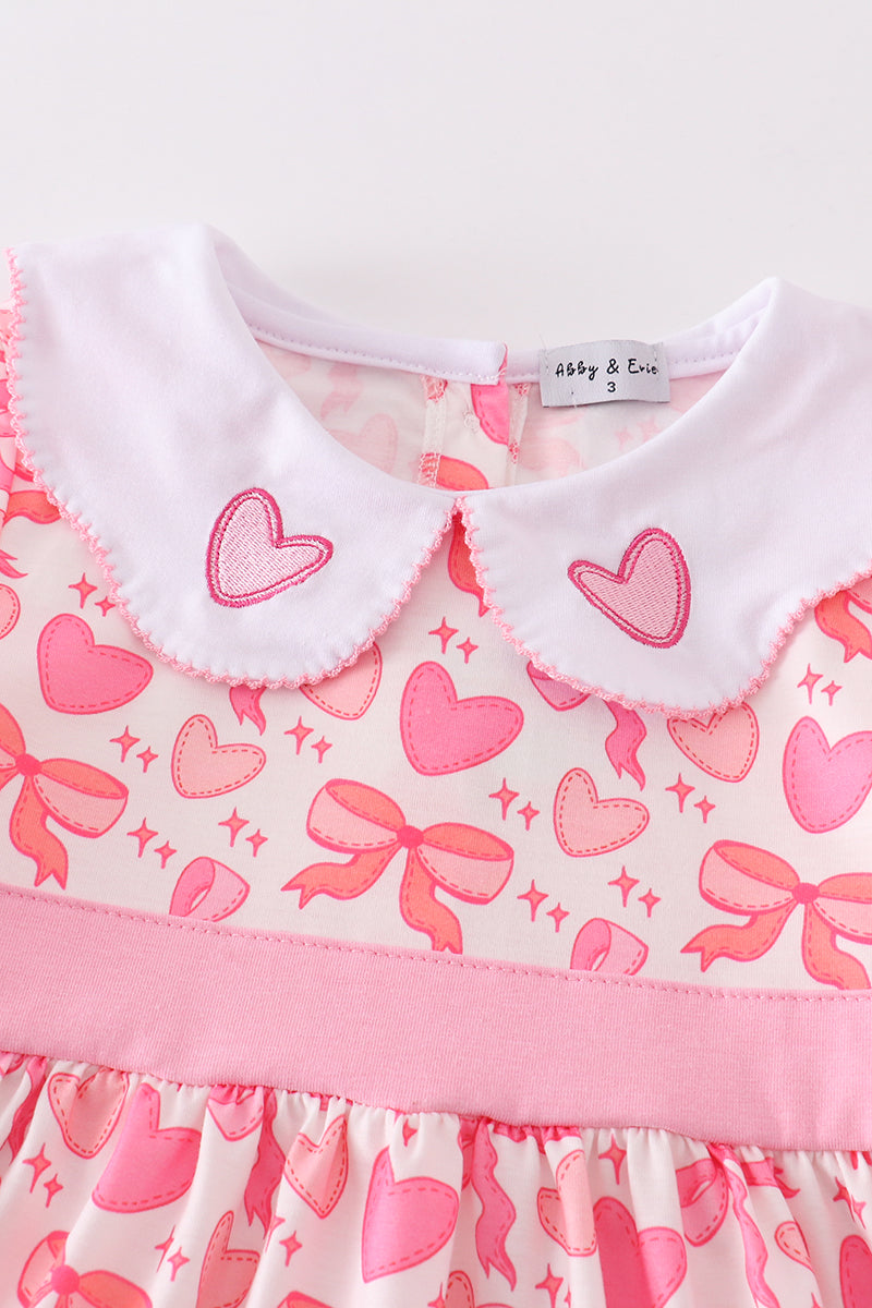 Pink Valentine Heart Bow Embroidery Girl Ruffle Dress