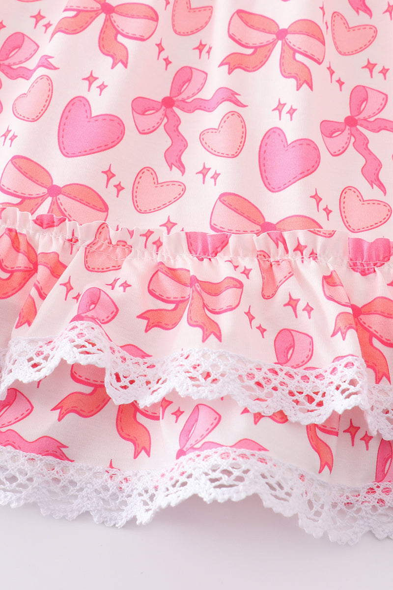 Pink Valentine Heart Bow Embroidery Girl Ruffle Dress