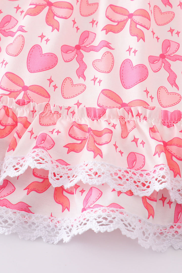 Pink Valentine Heart Bow Embroidery Girl Ruffle Dress