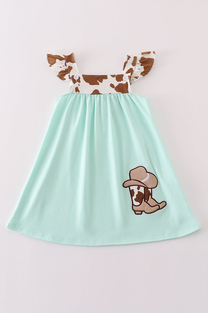 Green Boots Applique Leopard Girl Dress