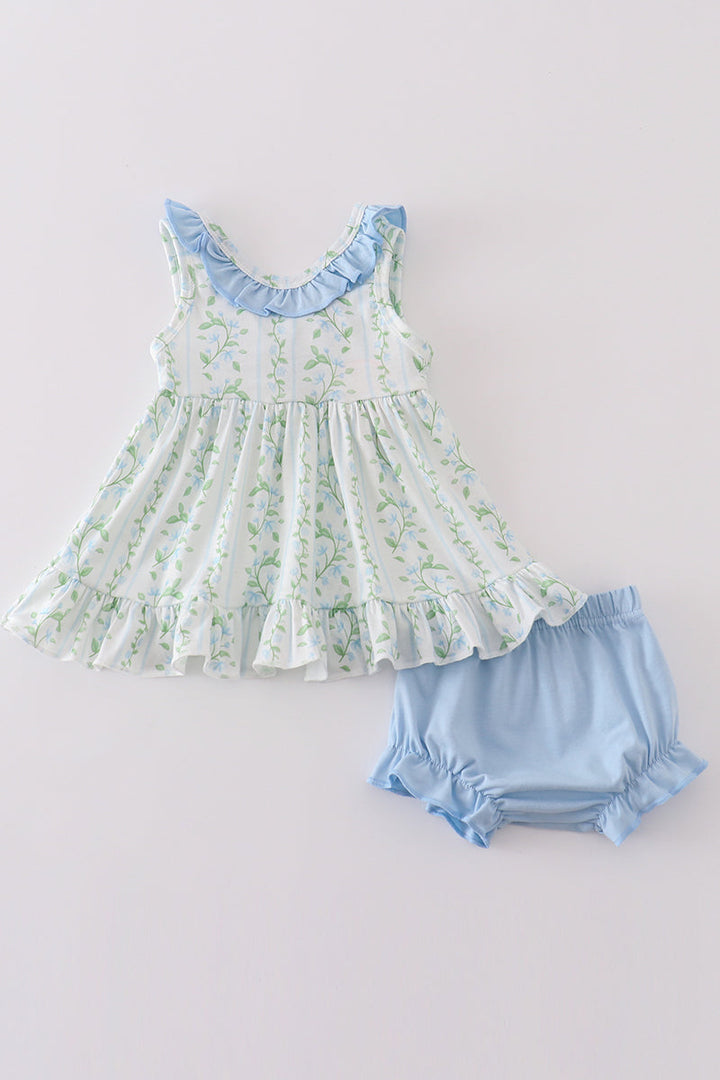 Blue Botanical Print Girl Bloomer Set