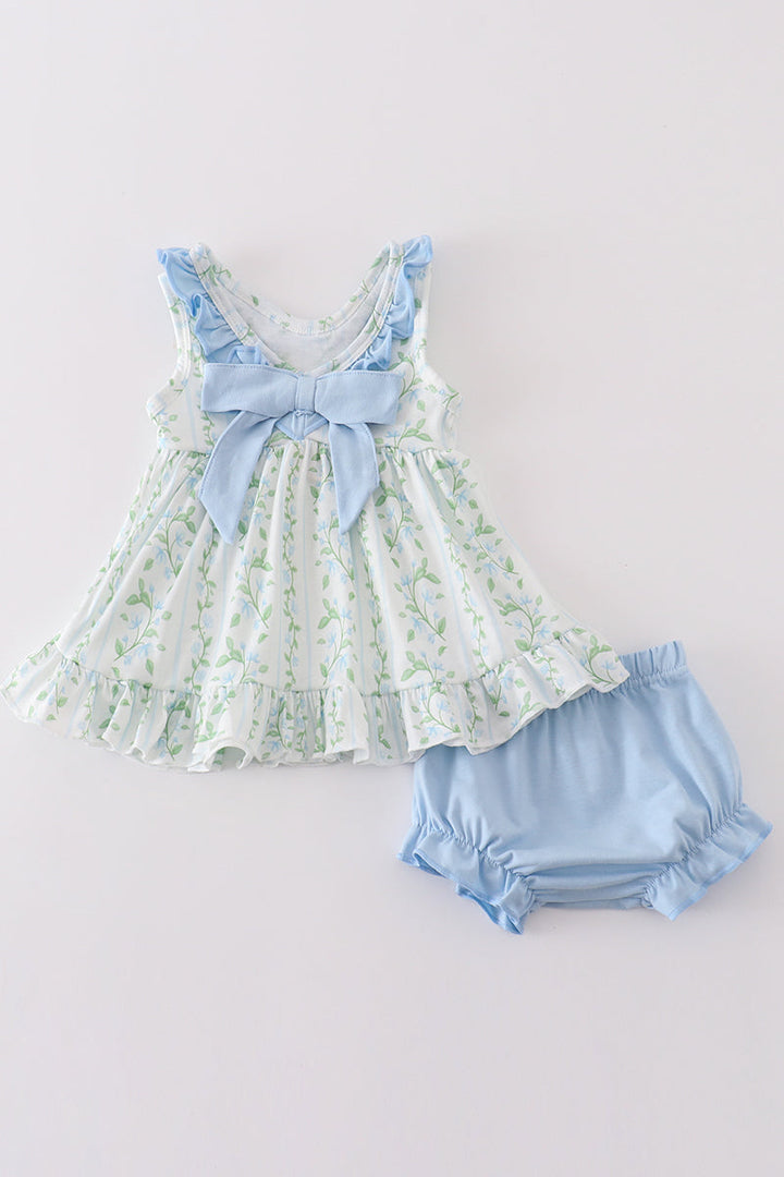 Blue Botanical Print Girl Bloomer Set